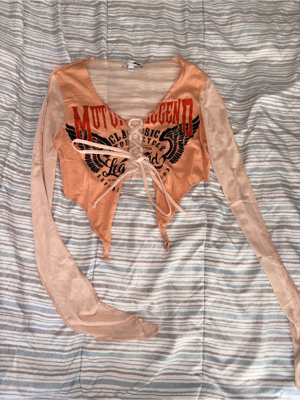 Mesh Graphic Lace-Up Peach Women's Crop Top